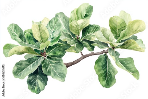 Lush watercolor illustration of fiddle leaf fig leaves