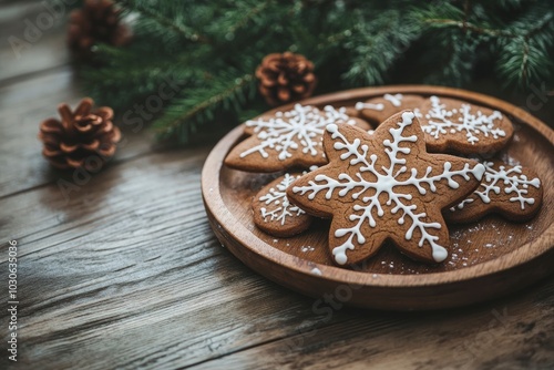 Christmas and New Year celebration traditions, festive food, kitchen background with homemade gingerbread cookies on wooden table - generative ai