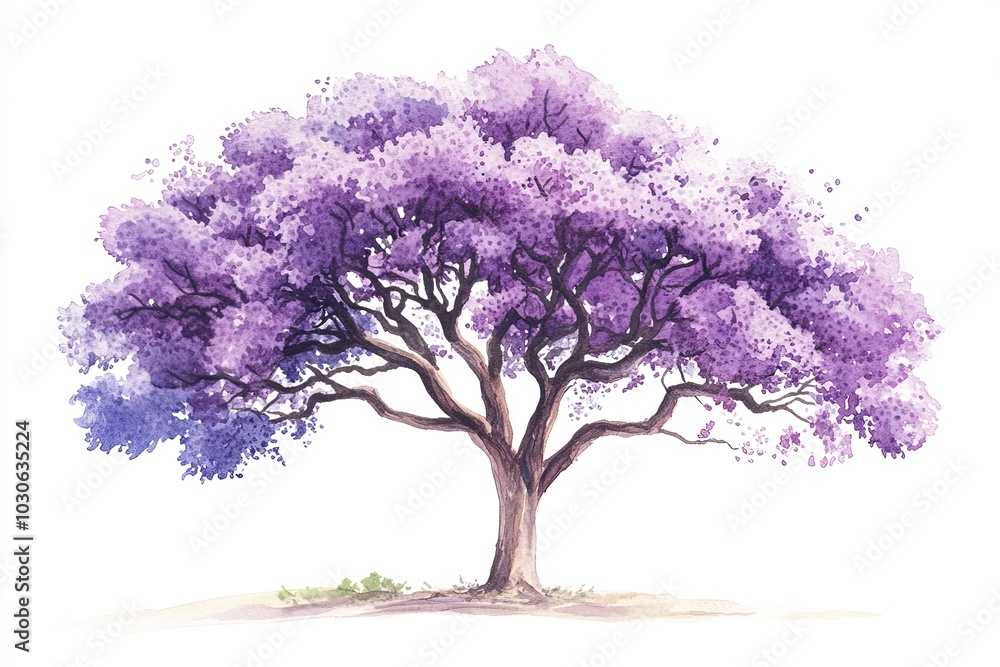 Fototapeta premium Vibrant watercolor illustration of a flowering purple tree
