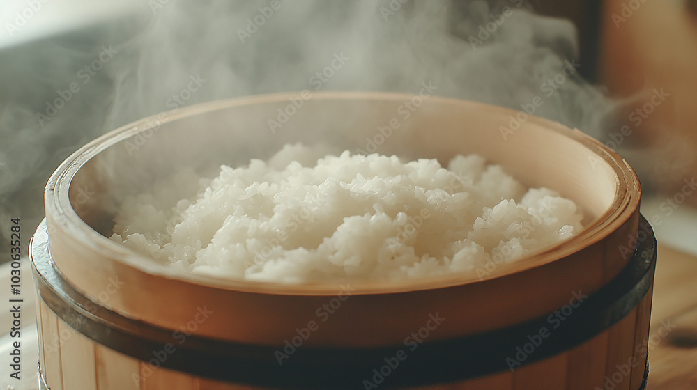 White rice served in a wooden ohitsu with steam rising White rice served in a wooden ohitsu with steam rising