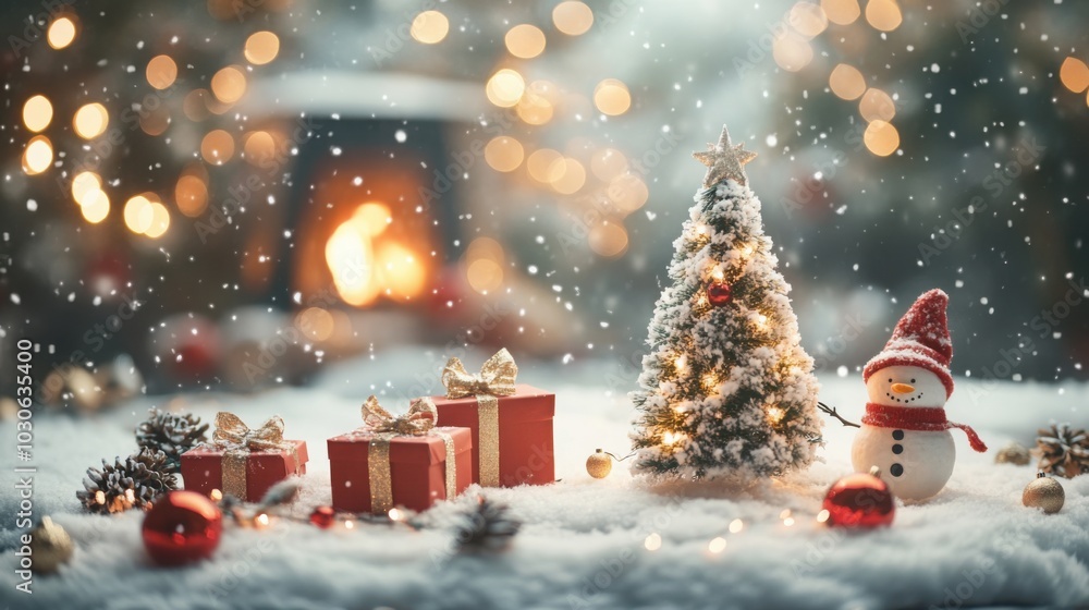 Podium covered in snow, with a Christmas tree surrounded by twinkling lights and festive decorations. Podium covered in snow, with a Christmas tree surrounded by twinkling lights and festive decorations.
