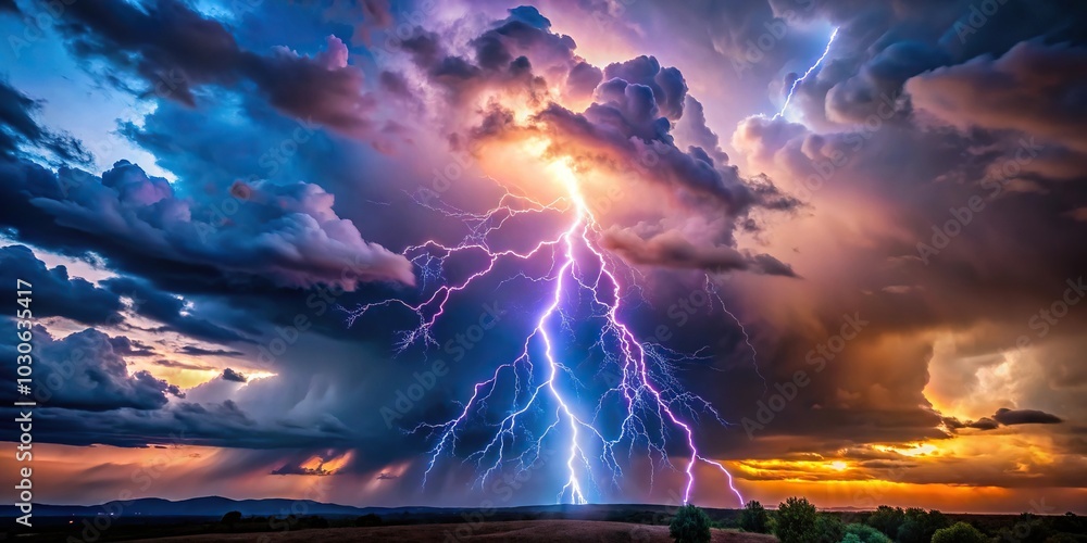 Obraz premium Huge lightning bolt lights up storm clouds with amazing colors from a low angle view