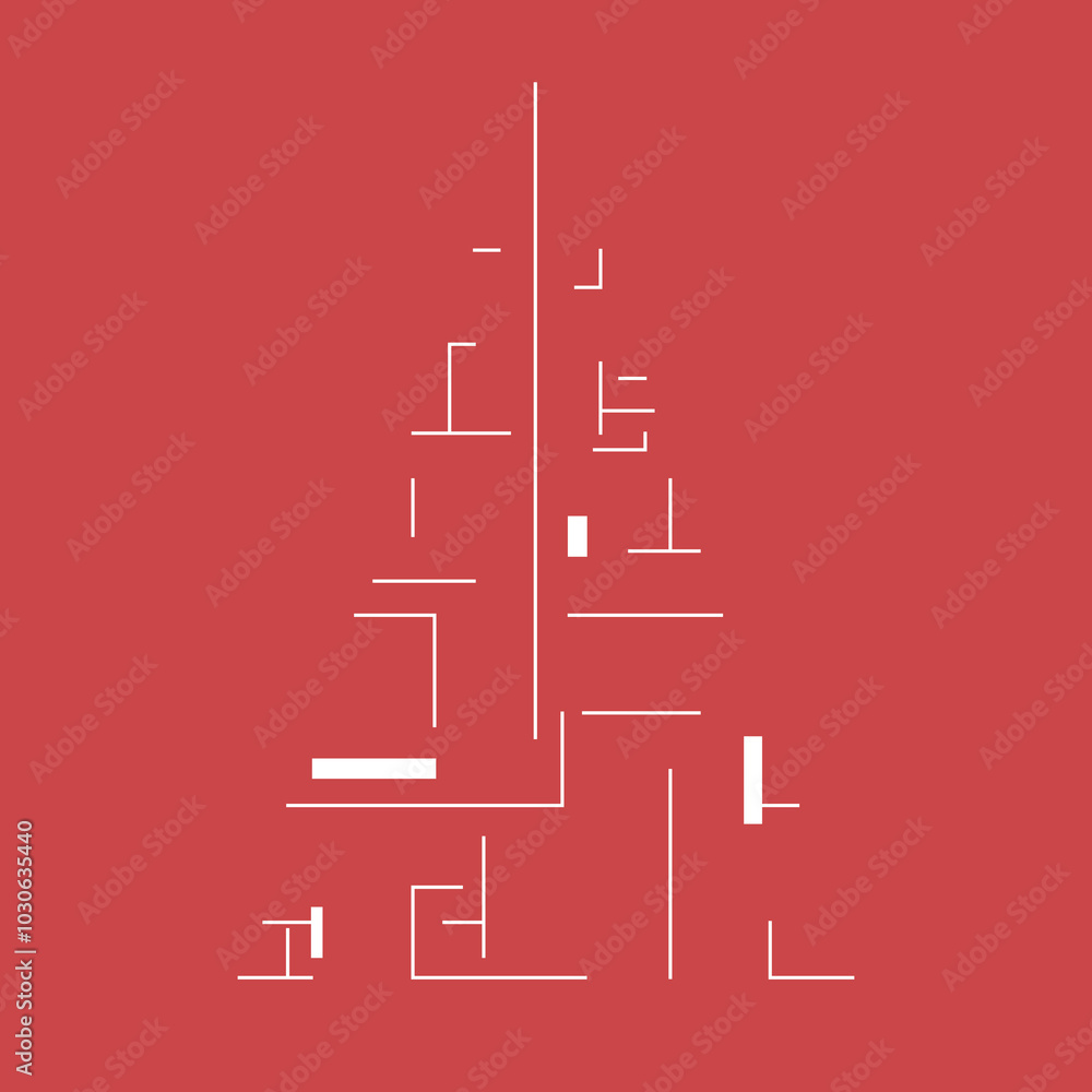 vector illustration of christmas tree with white architectural lines on red background