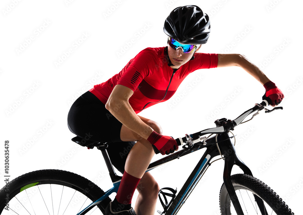 Obraz premium Side view. Portrait of female professional cycling athlete, young woman on road bicycle practicing against transparent background. Concept of sport, action, motion, speed, race. Copy space for ad