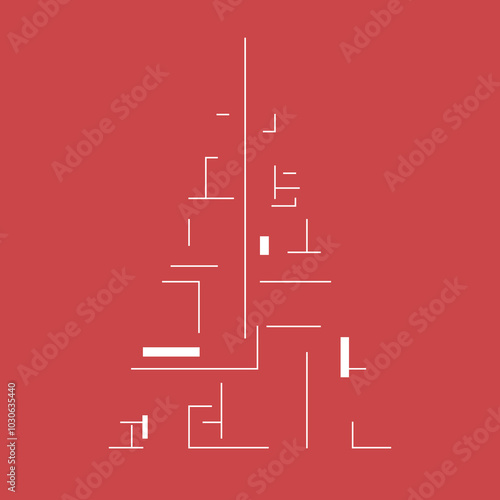  vector illustration of christmas tree with white architectural lines on red background