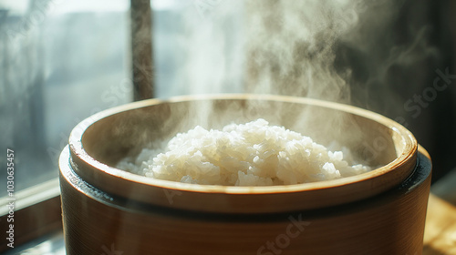 White rice served in a wooden ohitsu with steam rising photo