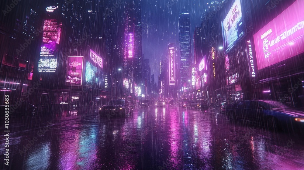 Fototapeta premium Futurism Cyberpunk Chicago in the rainstorm, neon billboards shine, skyscrapers soar, and purple, blue and pink colors cast a dazzling light in the rain.