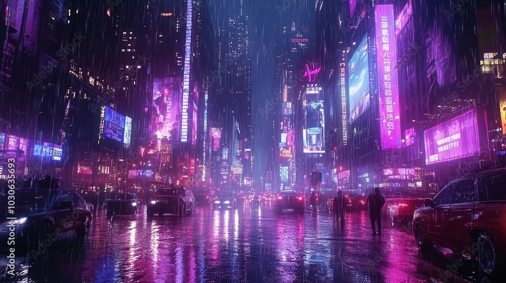 Fototapeta premium Futurism Cyberpunk Chicago in the rainstorm, neon billboards shine, skyscrapers soar, and purple, blue and pink colors cast a dazzling light in the rain.