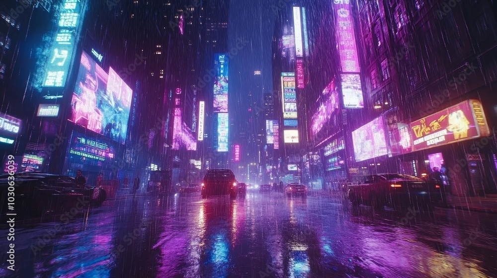 Futurism Cyberpunk Chicago in the rainstorm, neon billboards shine, skyscrapers soar, and purple, blue and pink colors cast a dazzling light in the rain. Futurism Cyberpunk Chicago in the rainstorm, neon billboards shine, skyscrapers soar, and purple, blue and pink colors cast a dazzling light in the rain.