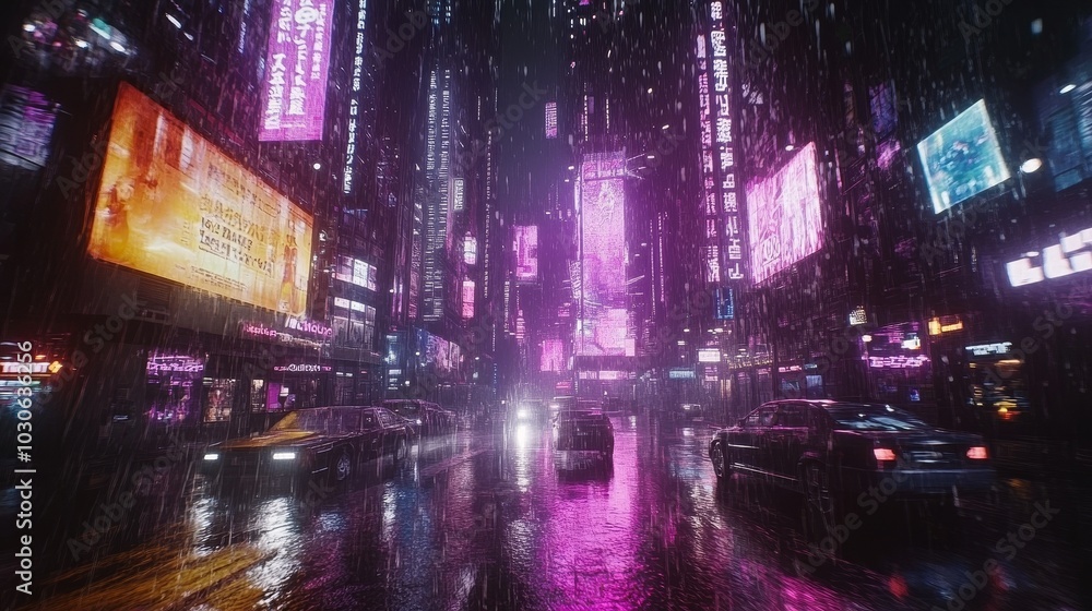Futurism Cyberpunk Chicago in the rainstorm, neon billboards shine, skyscrapers soar, and purple, blue and pink colors cast a dazzling light in the rain. Futurism Cyberpunk Chicago in the rainstorm, neon billboards shine, skyscrapers soar, and purple, blue and pink colors cast a dazzling light in the rain.