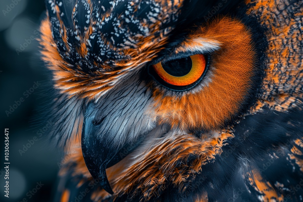 A close up of an owl's face with a blue background A close up of an owl's face with a blue background