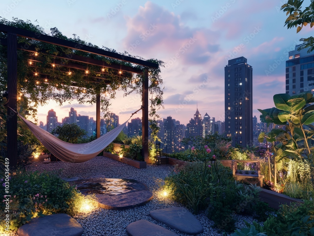 Naklejka premium Serene Urban Landscape at Dusk with Cozy Hammock