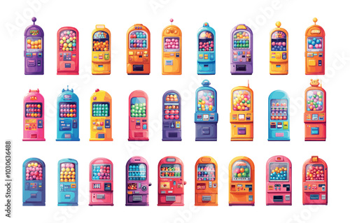 Gum balls selling machines cartoon vector set. Chewing round colorful bubblegum capsules sweets candies, vending vintage automated dispensers distributing kiosks isolated illustration