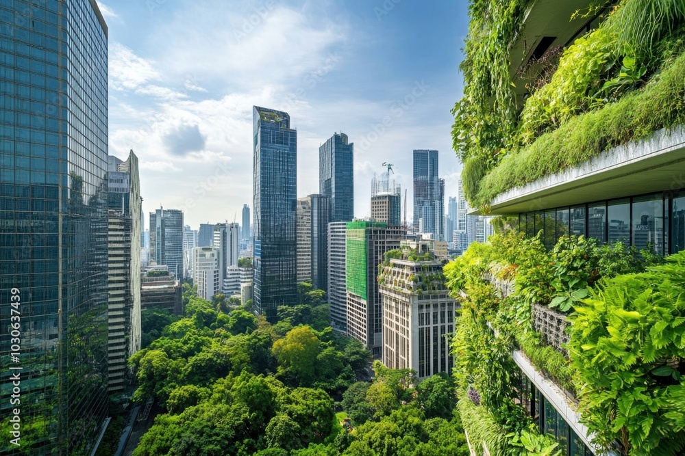 A city skyline powered by biotechnology, with skyscrapers covered in bio-engineered plants, green energy, and sustainable designs merging nature with urban landscapes A city skyline powered by biotechnology, with skyscrapers covered in bio-engineered plants, green energy, and sustainable designs merging nature with urban landscapes