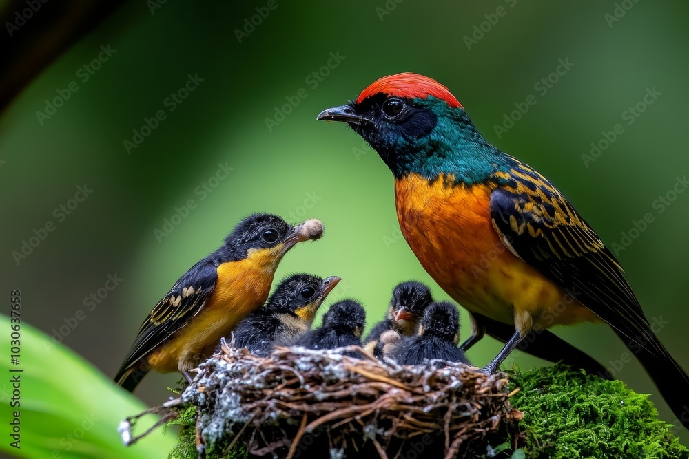 Fototapeta premium Family of rare birds gathered at a nest, feeding their chicks
