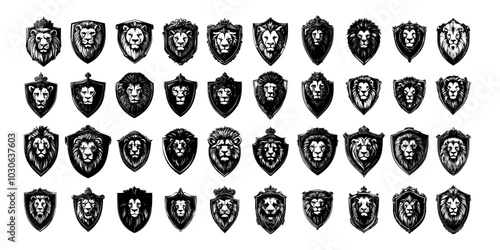 Heraldic shield lions emblems black ink sketch vector set. Mane cat head animal king hunter predator avatars reign majesty signs badges grayscale icons isolated on white background