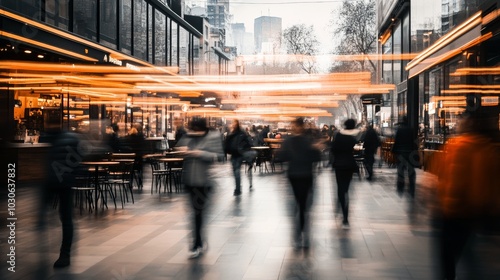 Urban Street Scene, Blurred People Walking in Modern Building, Motion Blur. Shopping Centre.