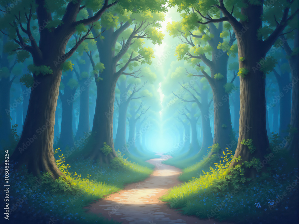 Magical forest path leading to a bright light