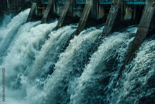 Closeup of water flowing over a dam, illustrating the idea of power and the challenge of managing natural resources photo