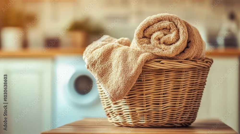 Obraz premium Freshly Washed, Fluffy Beige Towels Folded in a Wicker Basket, Laundry Day, Cozy Home Interior