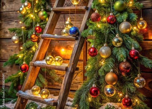 Vibrant glass ornaments in various shapes and sizes hang from a rustic wooden ladder, surrounded by evergreen branches and soft, warm lighting. photo