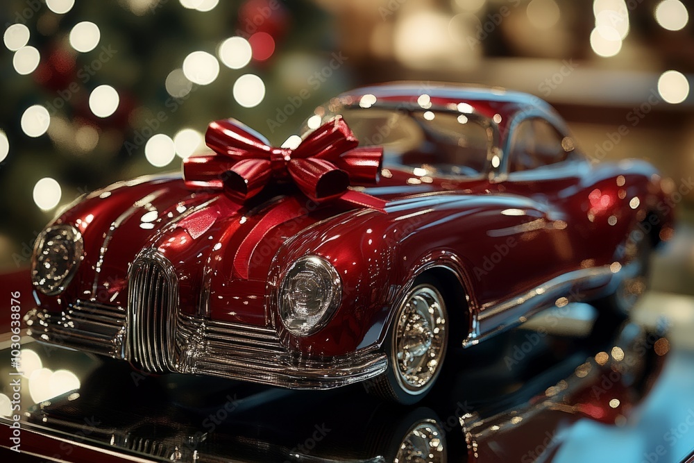 Fototapeta premium Red toy car with red bow on hood sitting on reflective surface