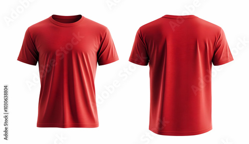 Red short-sleeved T-shirt mockup, front and back views, isolated on white background.