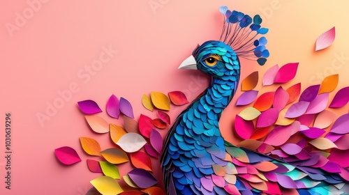 A colorful paper peacock crafted with petals, showcasing vibrant hues and artistic design against a soft pink background.