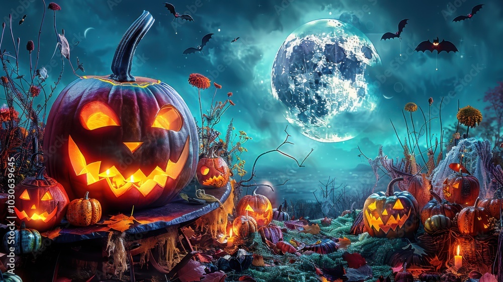 Naklejka premium A group of glowing jack o lanterns under a full moon, surrounded by fallen leaves and bats, creating an eerie Halloween forest scene