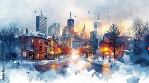 Winter cityscape with snow-covered streets and glowing lights