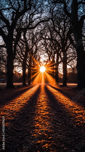 Sunbeams burst through a line of trees in a park at sunset.