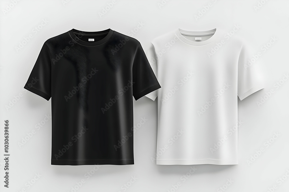 Two blank t-shirts, one black and one white, are laying flat on a white background. Two blank t-shirts, one black and one white, are laying flat on a white background.