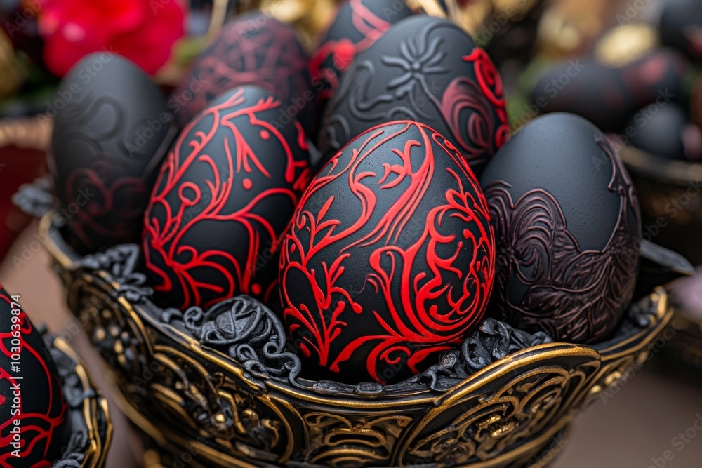 Gothic-style Easter celebration, with black and crimson eggs in elaborate baskets Gothic-style Easter celebration, with black and crimson eggs in elaborate baskets