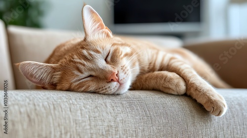 A ginger tabby cat naps peacefully on a beige couch, its paws curled up. The cat's eyes are closed, and its face is relaxed.