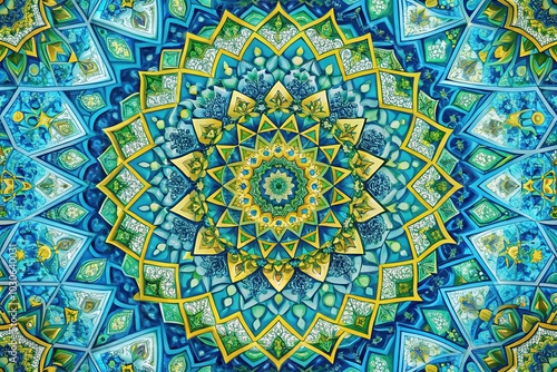 Vibrant, intricate interlocking pattern of geometric shapes in shades of blue, green, and yellow, forming a mesmerizing, repeating design with depth and visual interest.