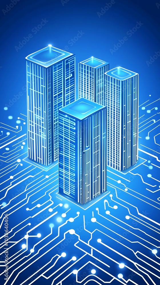 Fototapeta premium Three futuristic skyscrapers on a circuit board.