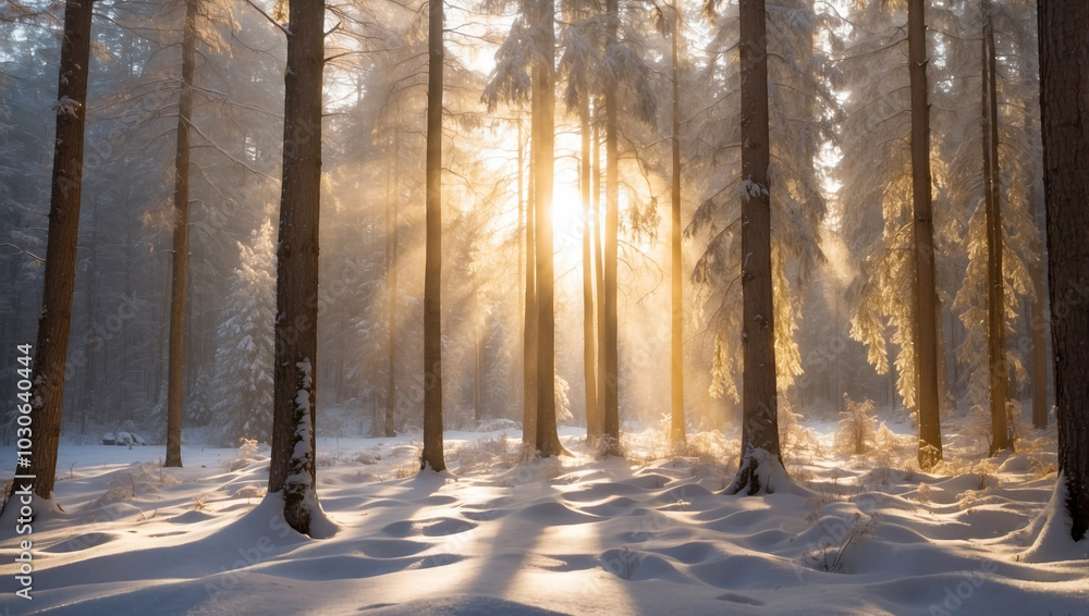 Snowy Forest with Trees and Sunlight Shining Snowy Forest with Trees and Sunlight Shining
