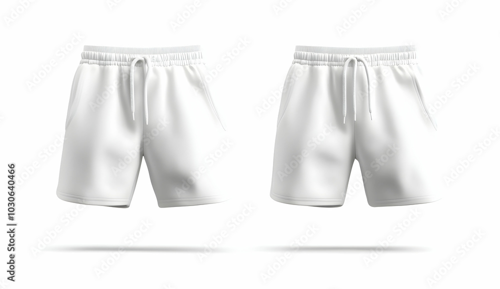 White athletic shorts with pockets and drawstring isolated on white background. White athletic shorts with pockets and drawstring isolated on white background.