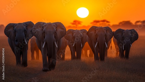 A group of elephants walking in front of a sunset photo