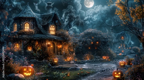 A cozy haunted house illuminated by jack o lanterns under a full moon, surrounded by a spooky Halloween atmosphere and glowing pumpkins