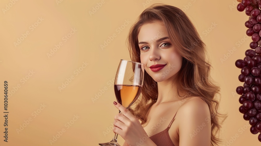 Glamorous Wine Connoisseur: Captivating Young Woman Amidst Grapes and Wine on Beige Background Glamorous Wine Connoisseur: Captivating Young Woman Amidst Grapes and Wine on Beige Background