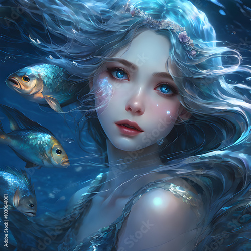 A young girl in a mermaid costume, glowing blue eyes, close-up of her face with fish scales on her cheeks and one hand sticking out of the water. photo