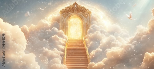 Obraz na płótnie Fantasy illustration of stairs to a divine gateway w salonie