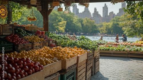 Bustling farmer's market in a city park with vibrant stalls of fresh produce grown by local urban gardeners, highlighting the farm-to-table movement and the essence of city-grown, sustainable food. photo