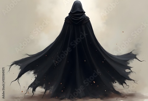 Realistic death hood, scary black robe. Isolated 3d vector eerie hooded grim reaper Halloween figure, cloaked in a dark, long, flowing gown, embodying essence of death, mystery, horror and anonymity 