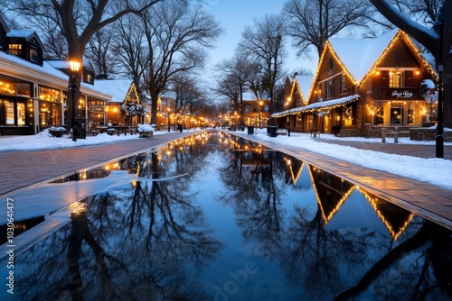 Hyper-realistic snow-covered Woodstock town square under festive lights