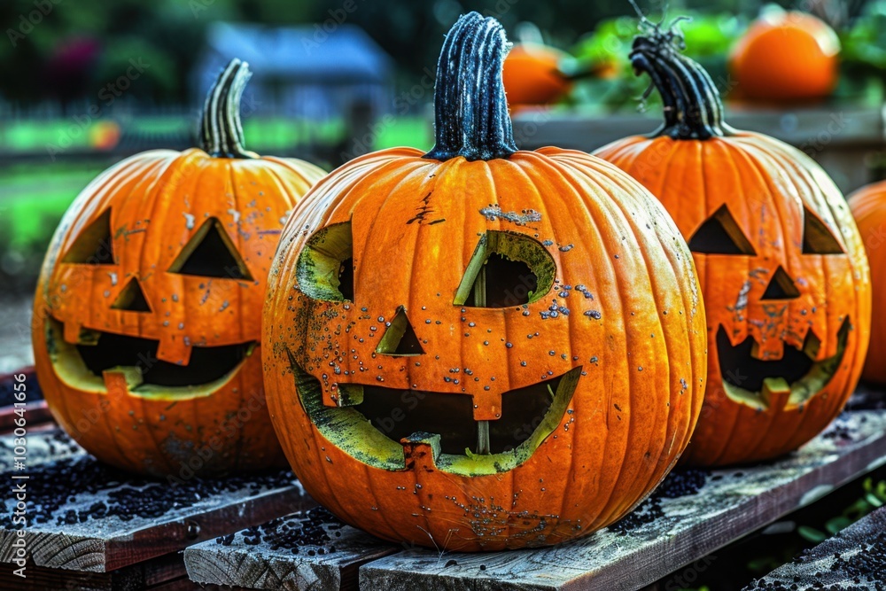 Three carved jack o lanterns with smiling faces placed on wooden planks, set outdoors for a festive Halloween display

