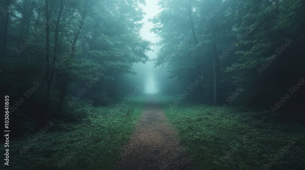 A misty path leads through a dense forest, disappearing into the fog. A misty path leads through a dense forest, disappearing into the fog.