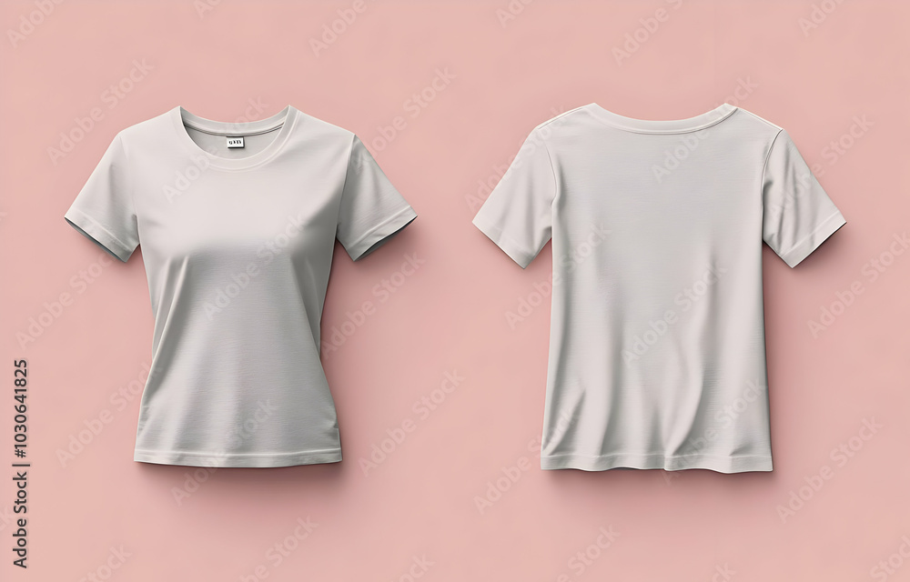 White T-shirt mockup on a pink background with both front and back views. White T-shirt mockup on a pink background with both front and back views.