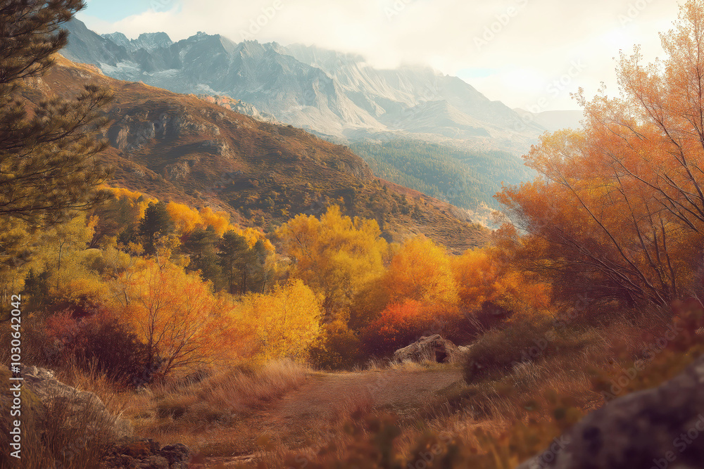 Obraz premium Autumn landscape with vibrant foliage and mountain background